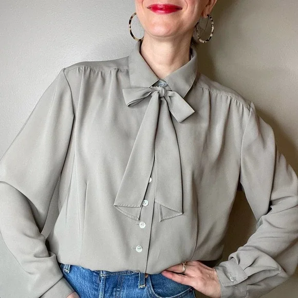 Vintage dove grey pussy bow tie neck blouse secretary 90s taupe long sleeve L - Picture 17 of 17